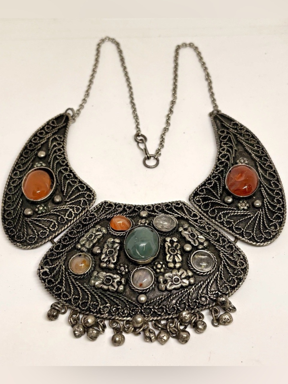 Vintage Kuchi Tribal Statement Necklace - Carnelian & Green Agate Filigree Bib